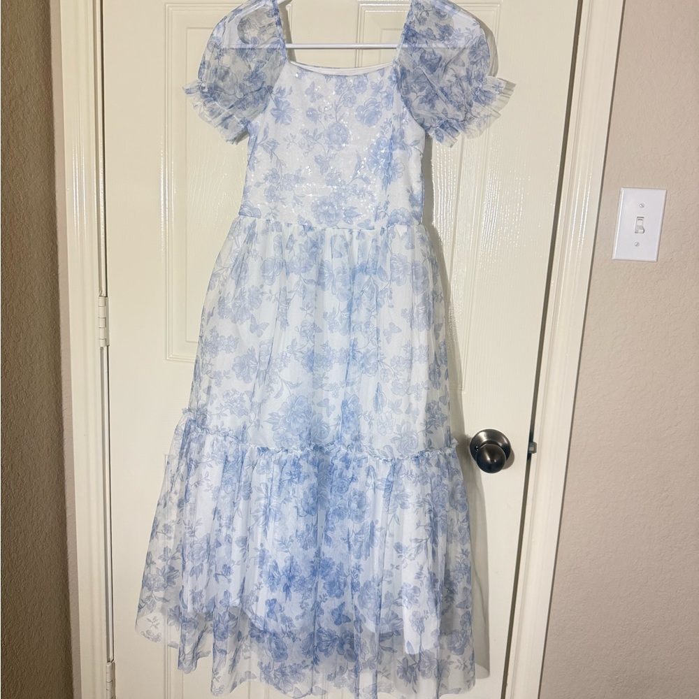 CAT & JACK Blue White Floral Sequin Organza Tiered Maxi Dress Girls 10/12